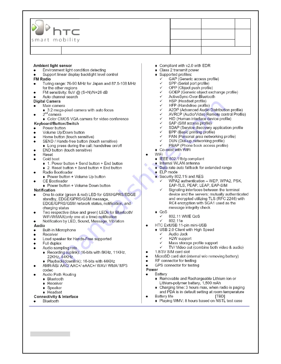 HTC QUARTZ Service Manual Download Page 7