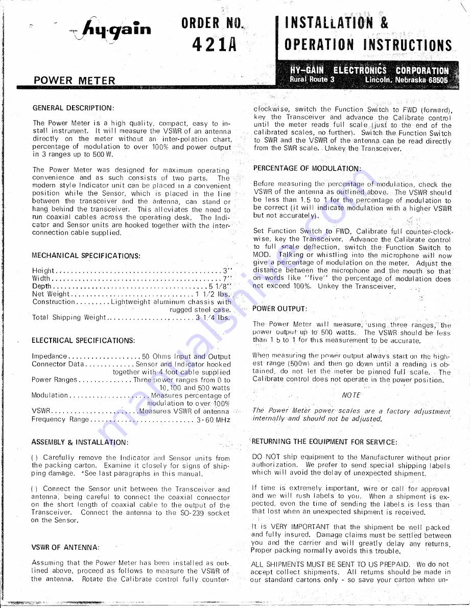 Hy-Gain 421A Installation And Operation Instruction Download Page 1