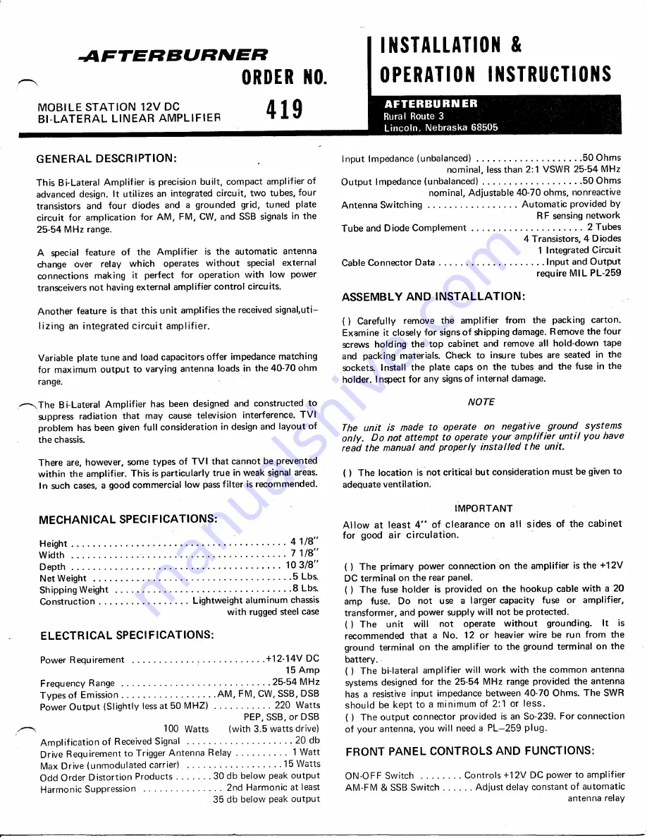 Hy-Gain Afterburner 419 Installation & Operation Instructions Download Page 1