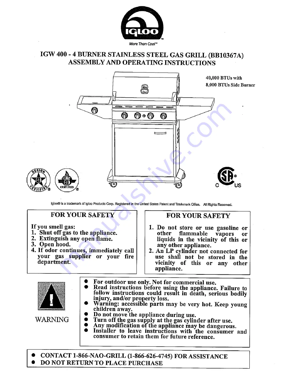 Igloo IGW 400 Assembly And Operating Instructions Manual Download Page 1