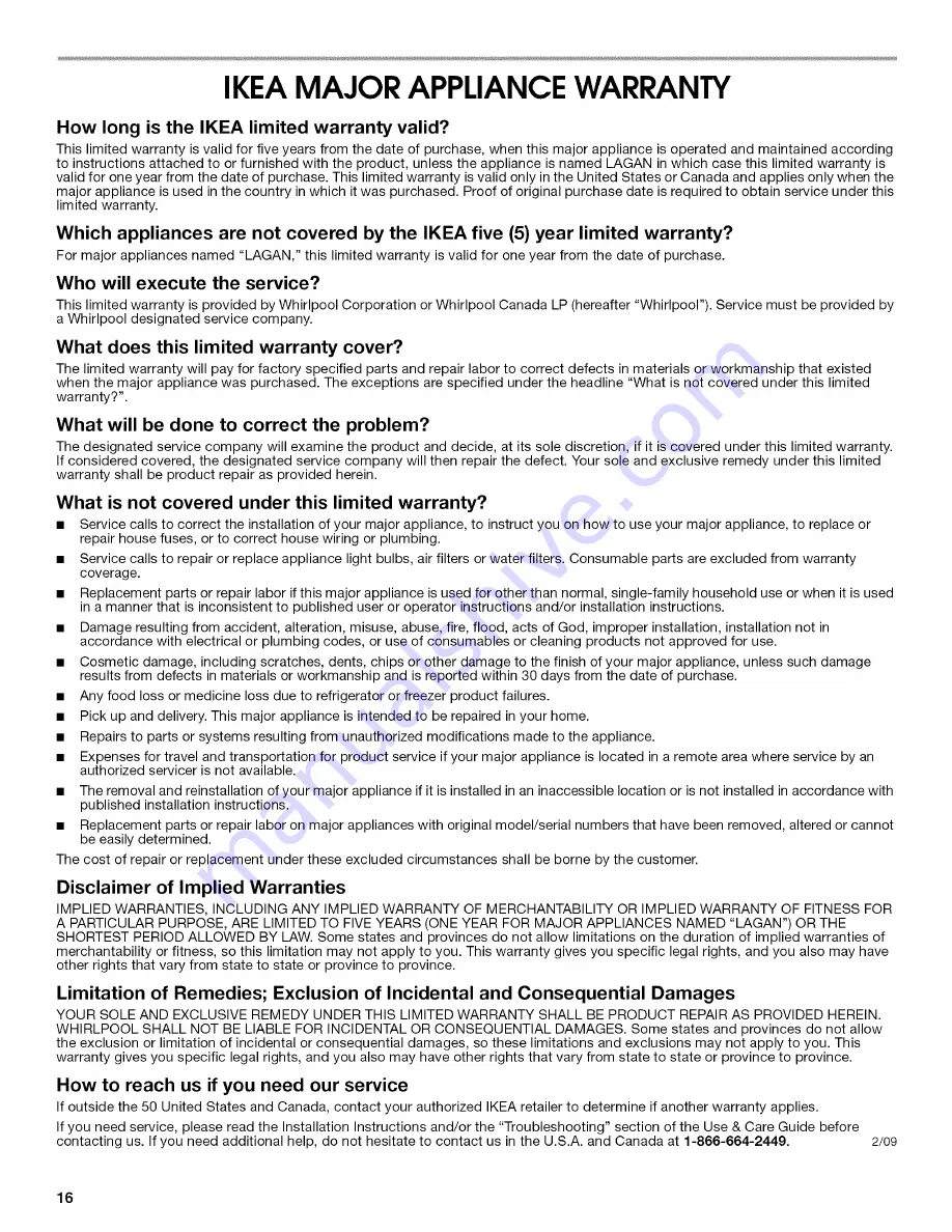 IKEA I8TXCWFXQ01 Use & Care Manual Download Page 16