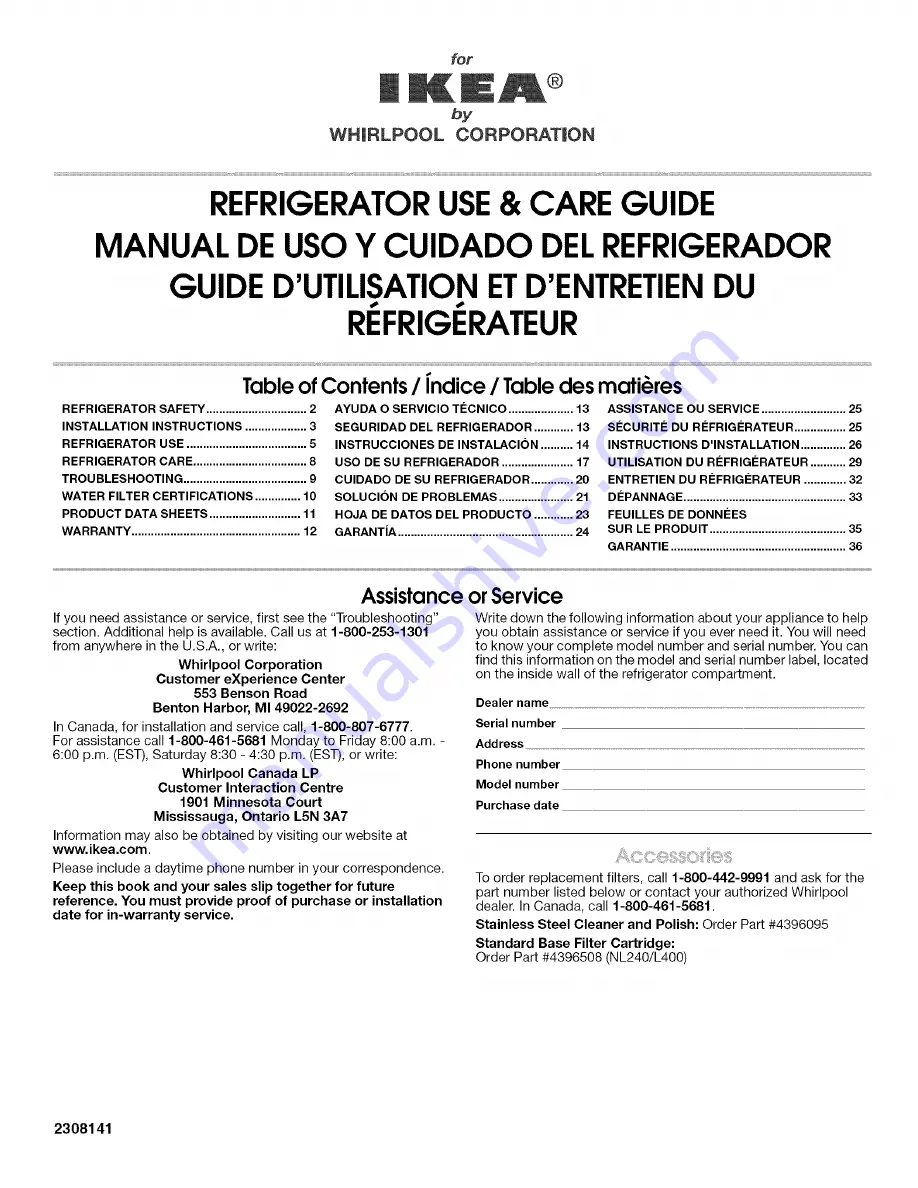 IKEA ID2GFGXRS00 Use & Care Manual Download Page 1