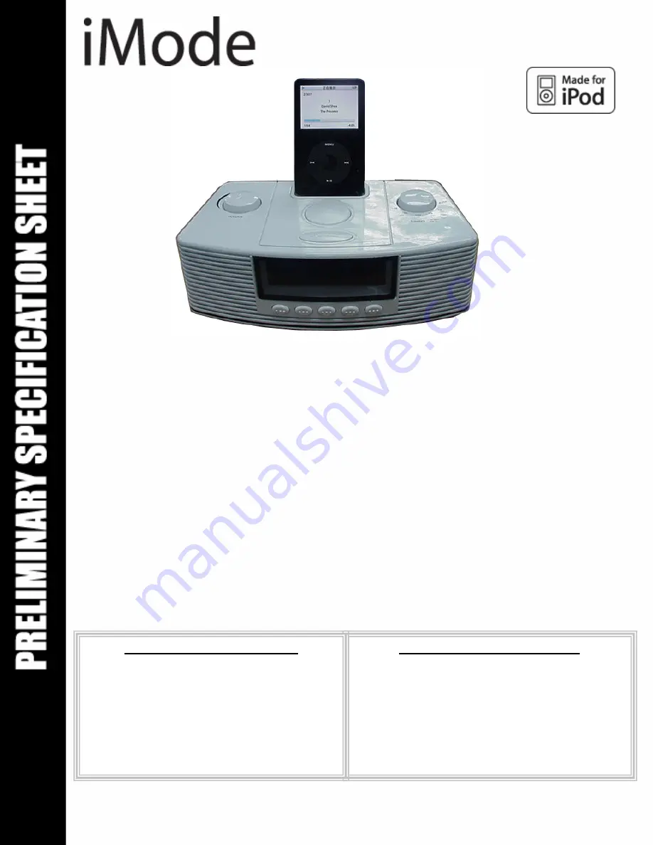 iMode Alarm Clock Radio with Docking Station for Ipod IP202UK Specification Sheet Download Page 1