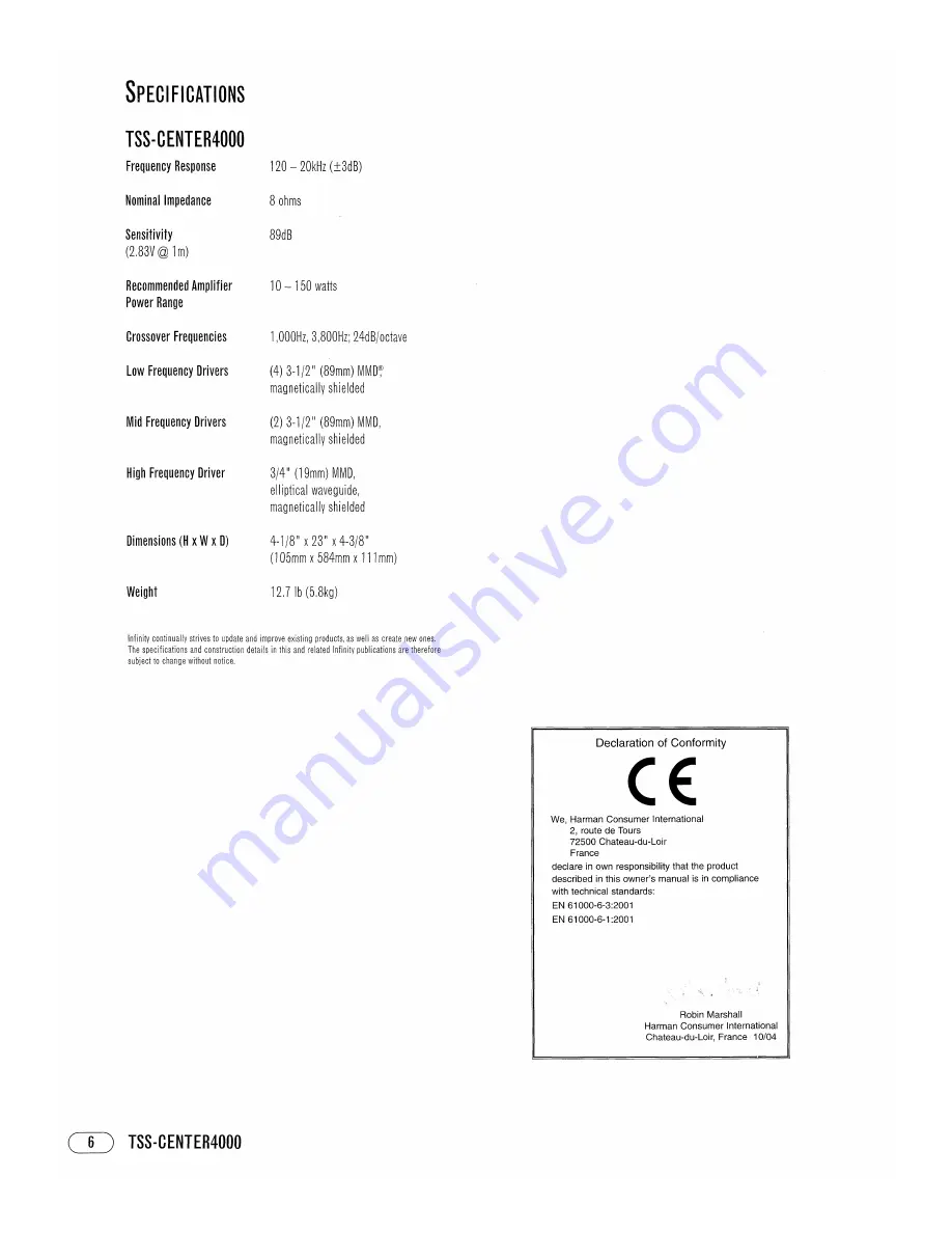 Infinity Total Solutions TSS-CENTER4000 Owner'S Manual Download Page 6