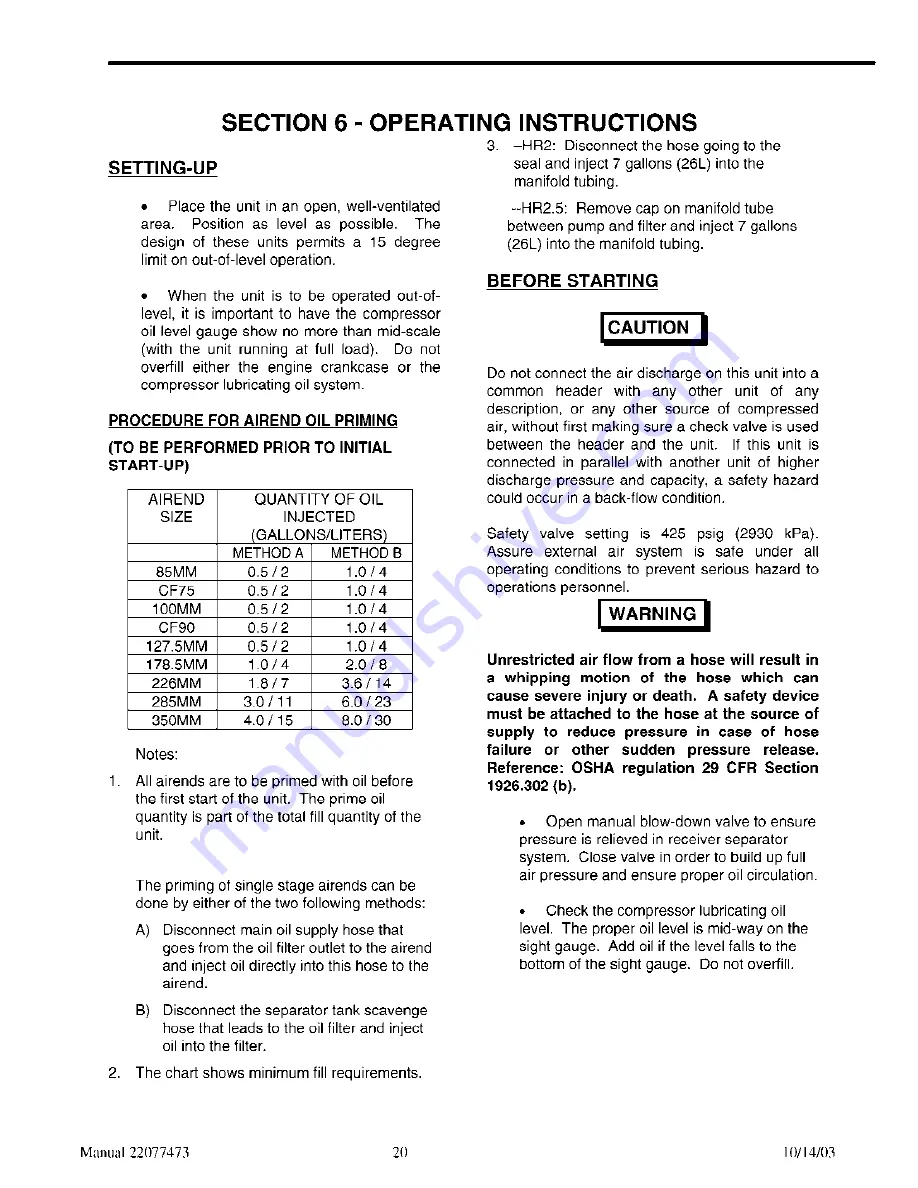 Ingersoll-Rand XHP1070CMH Operating, Maintenance And Spare Parts Manual Download Page 20