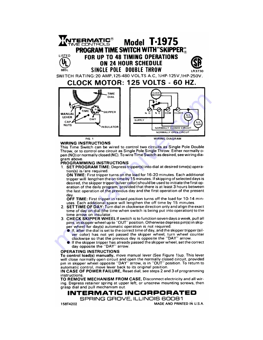 Intermatic T1975 Supplementary Manual Download Page 1