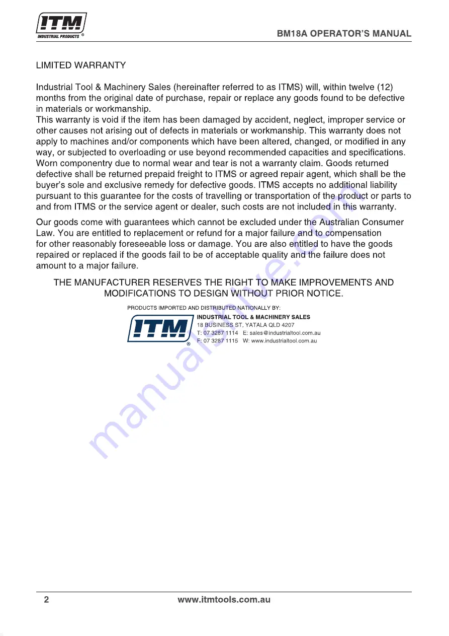 Itm BM18A Operator'S Manual Download Page 2