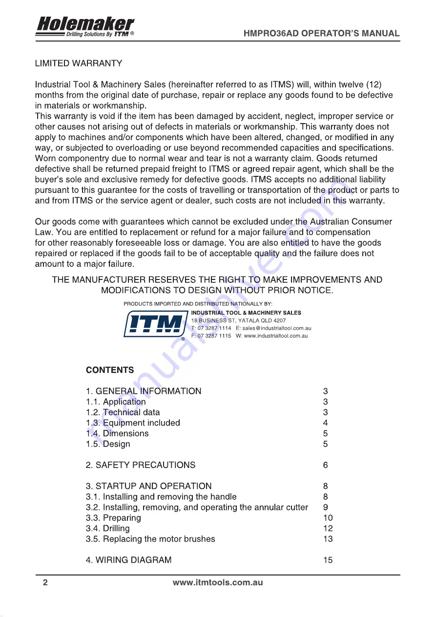 Itm HOLEMAKER HMPRO36AD Operator'S Manual Download Page 2