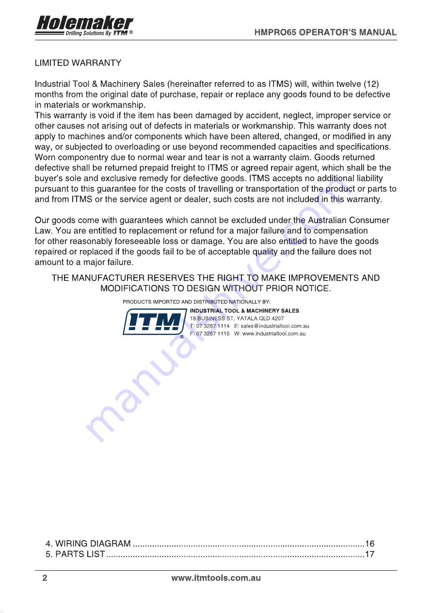 Itm HOLEMAKER HMPRO65 Operator'S Manual Download Page 2