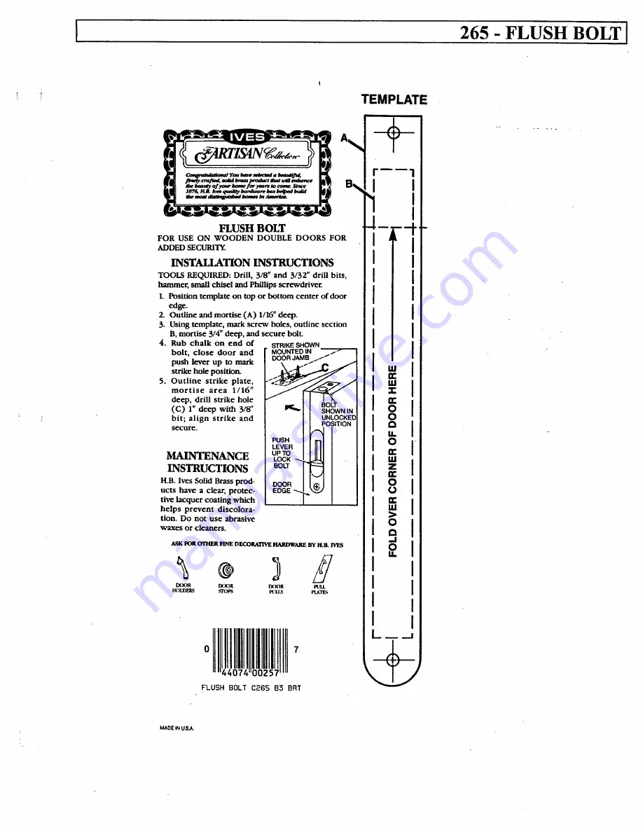 Ives Flush Bolt 265 Скачать руководство пользователя страница 1