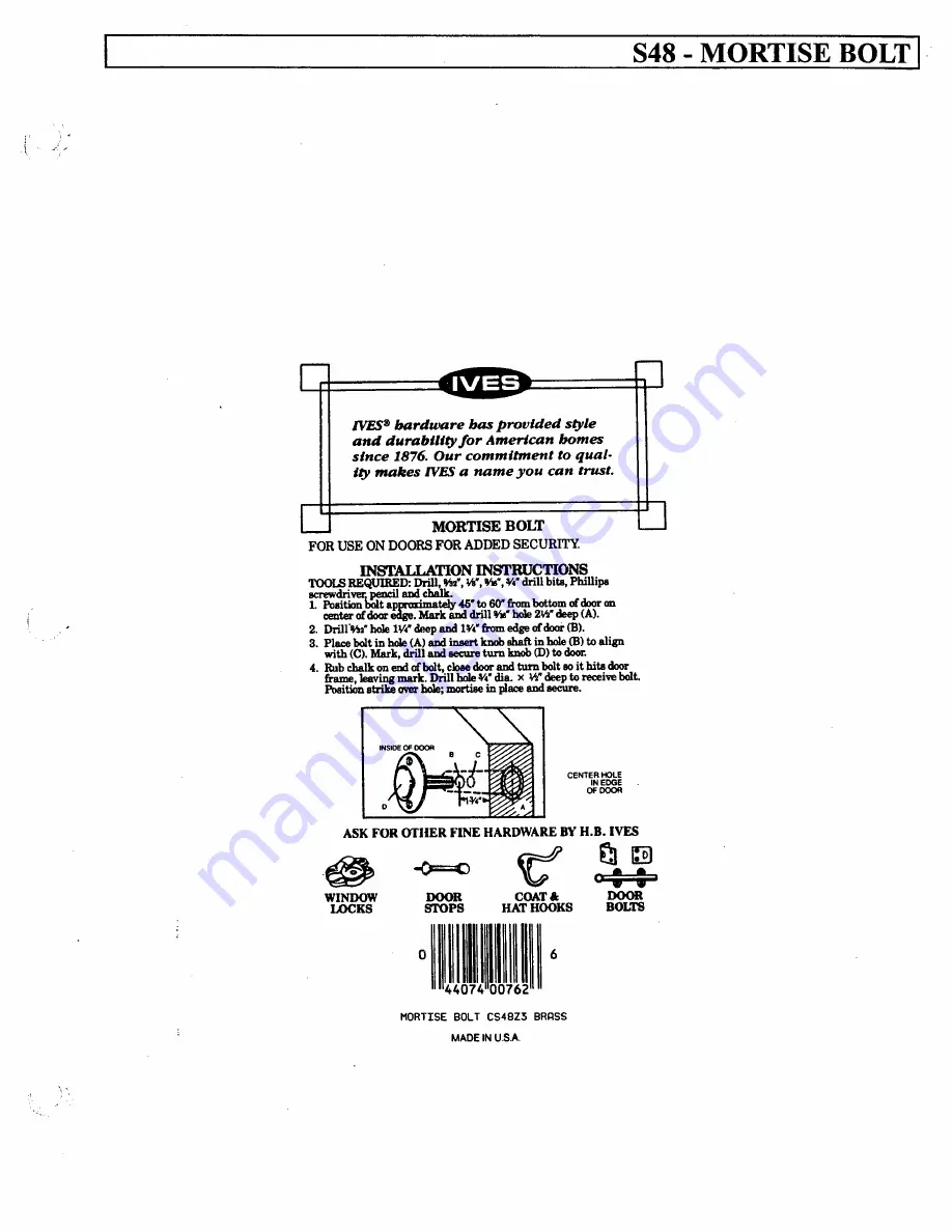 Ives Mortise Bolt S48 Installation Instructions Download Page 1