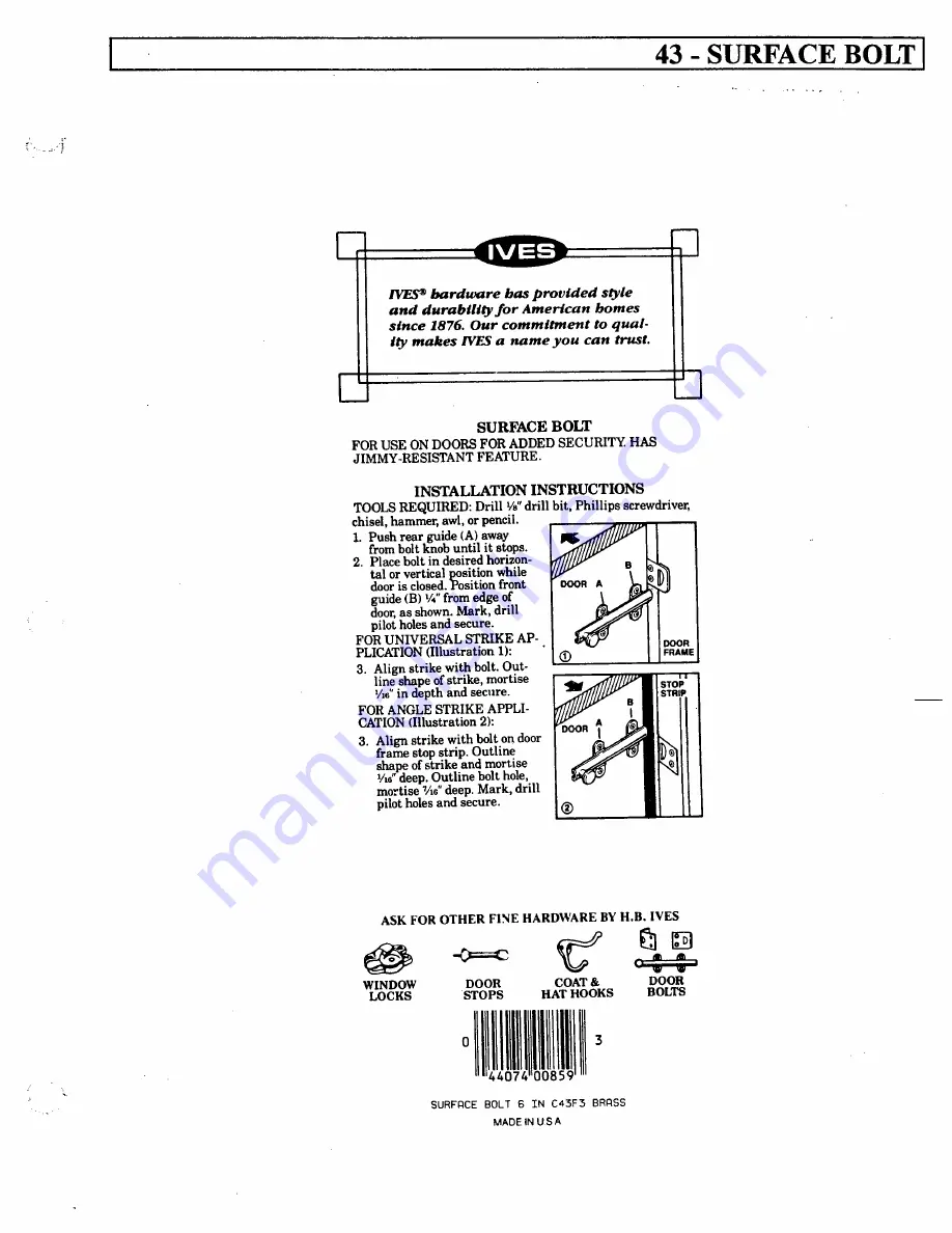 Ives Surface Bolt 43 Installation Instructions Download Page 1