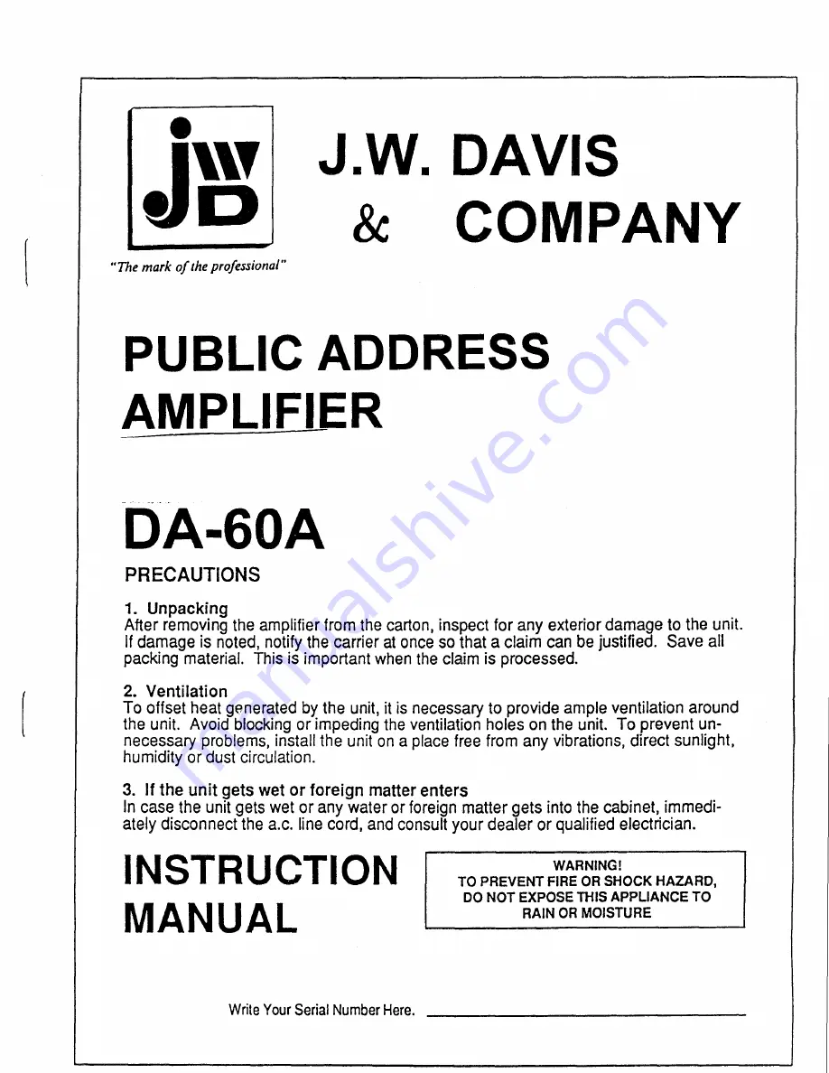 J.W. Davis DA-60A Скачать руководство пользователя страница 1