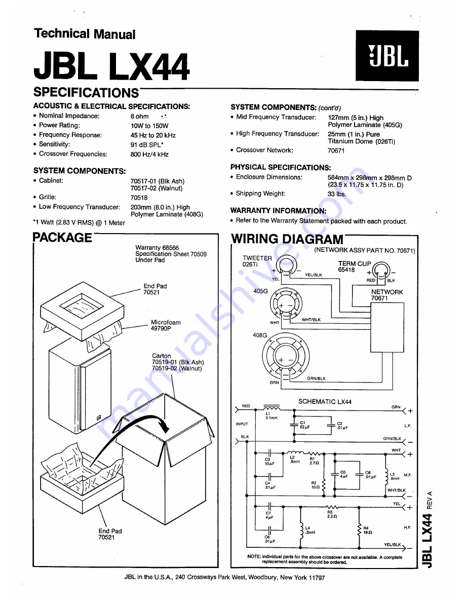 JBL LX44 Technical Data Download Page 1