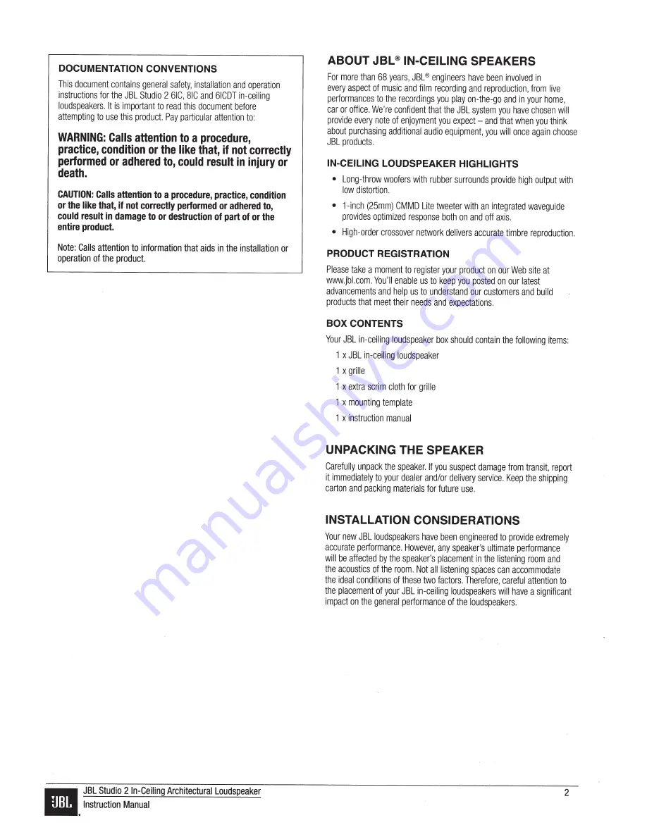 JBL STUDIO 2 6IC Instruction Manual Download Page 2