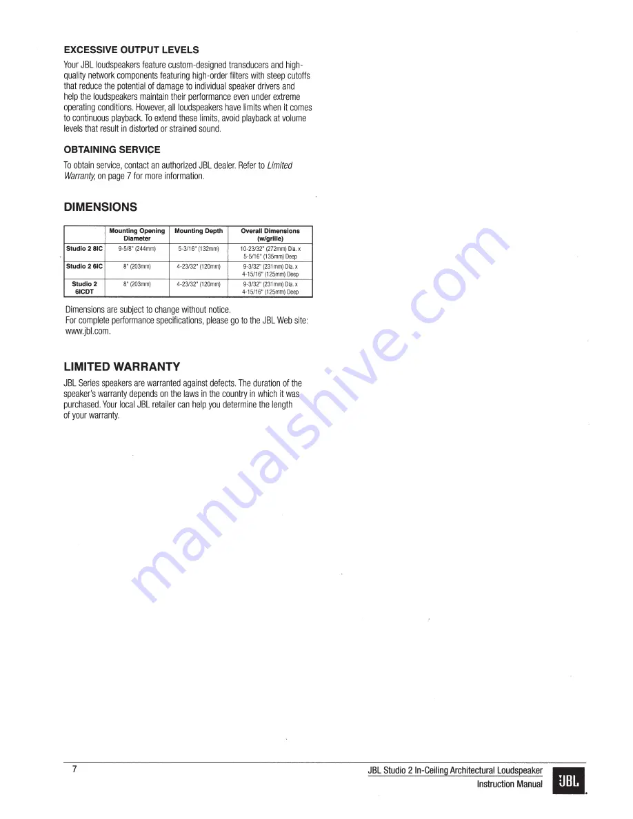 JBL STUDIO 2 6IC Instruction Manual Download Page 7