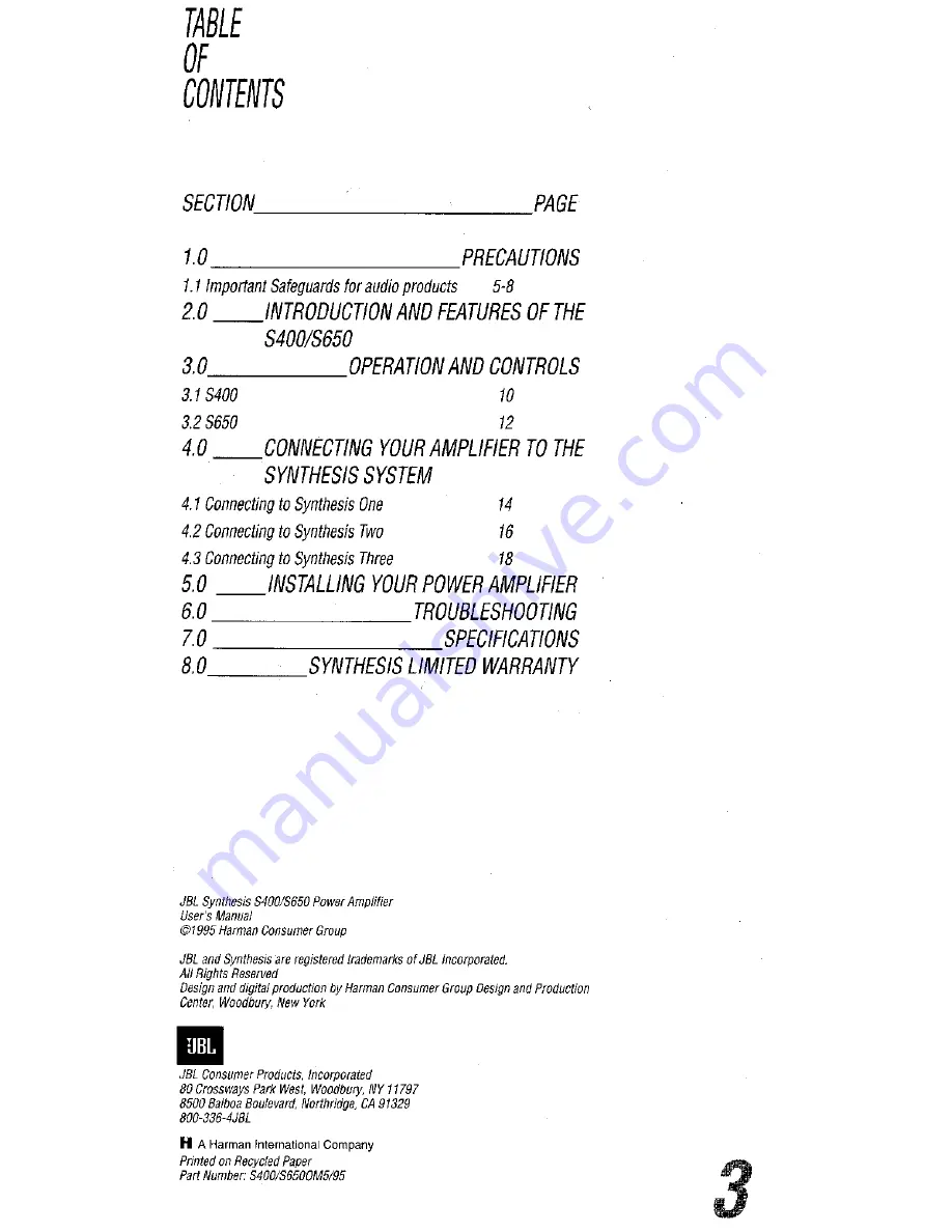 JBL Synthesis S400 User Manual Download Page 2