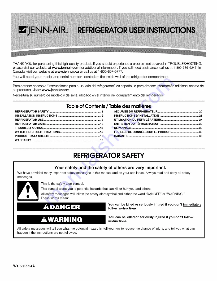 Jenn-Air JFI2089AEP6 User Instructions Download Page 1