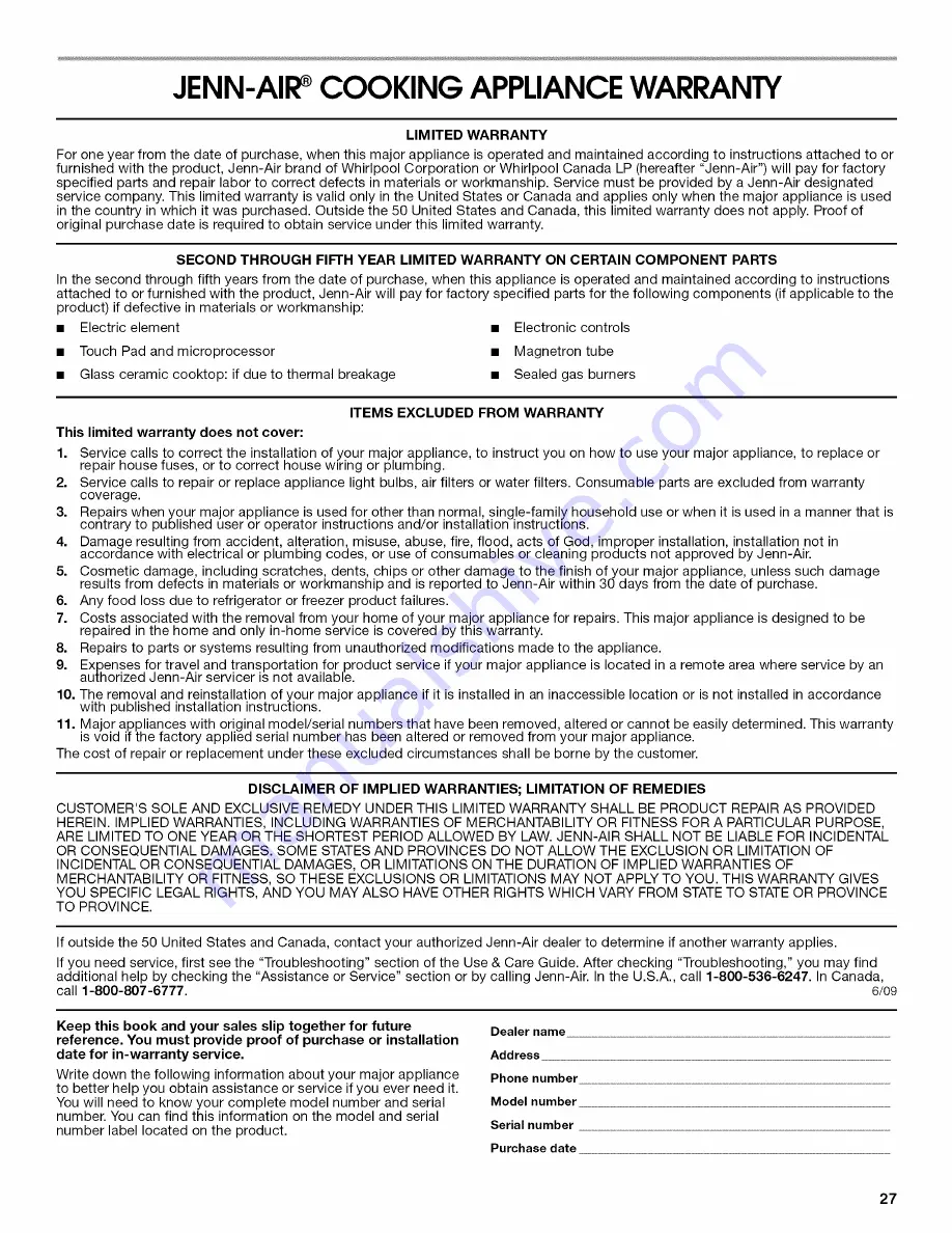 Jenn-Air JJW2427WW00 Use & Care Manual Download Page 27