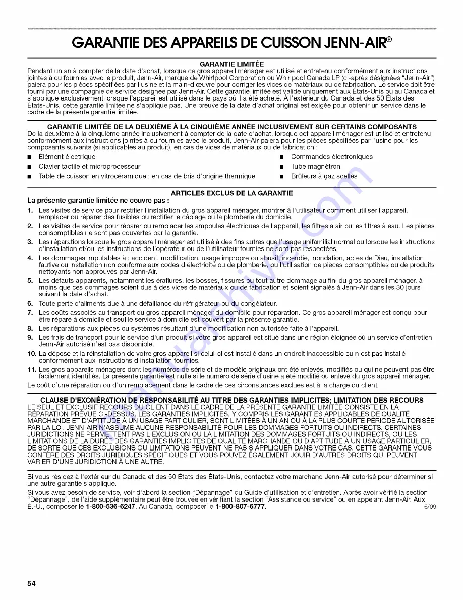 Jenn-Air JJW3830WB00 Use & Care Manual Download Page 54