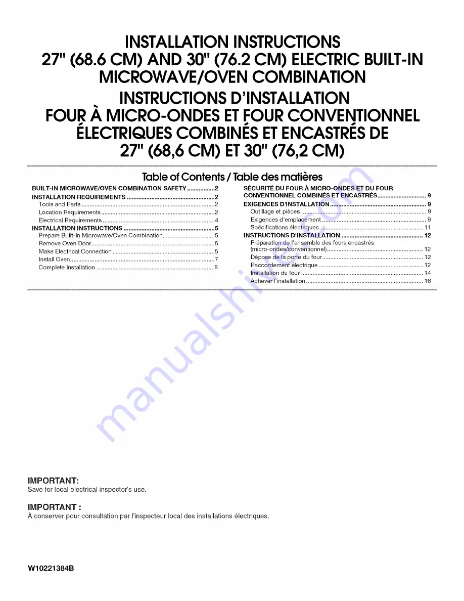 Jenn-Air JMW2327WB00 Installation Instructions Manual Download Page 1