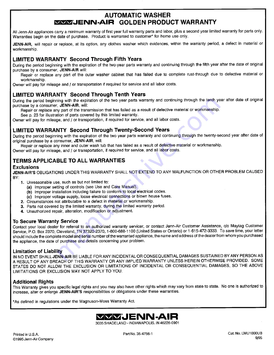 Jenn-Air JW1000 Use And Care Manual Download Page 23