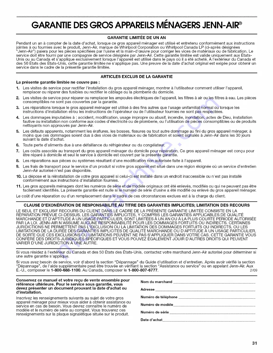 Jenn-Air JXW5036WS Installation Instructions And Use & Care Manual Download Page 31