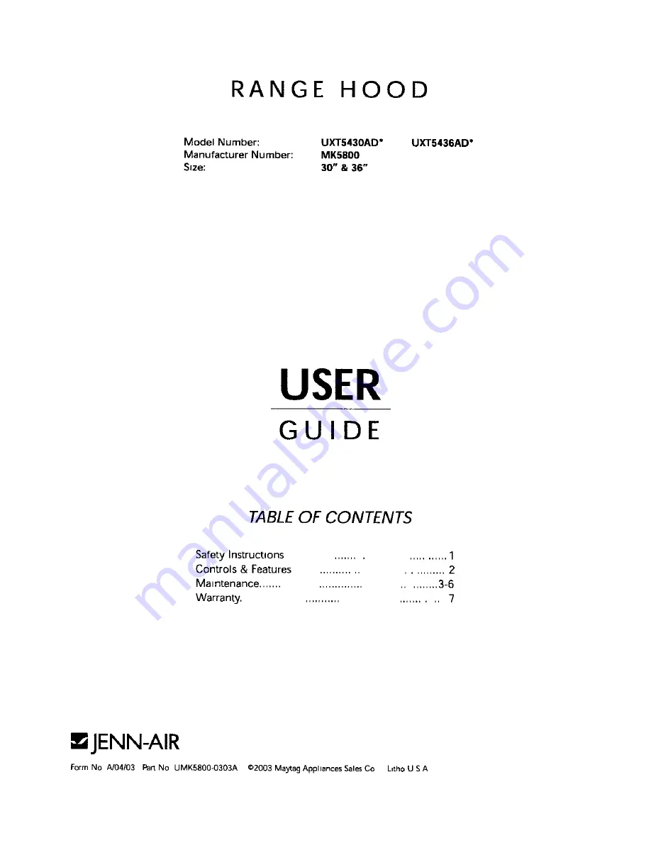 Jenn-Air UXT5430AD Series User Manual Download Page 1