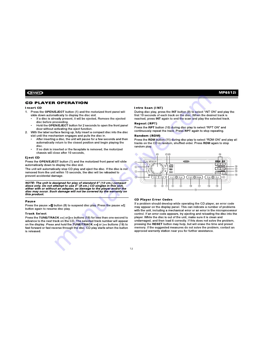 Jensen JENMP6512I - USB/SD CARD RECEIVR Installation And Operation Manual Download Page 16