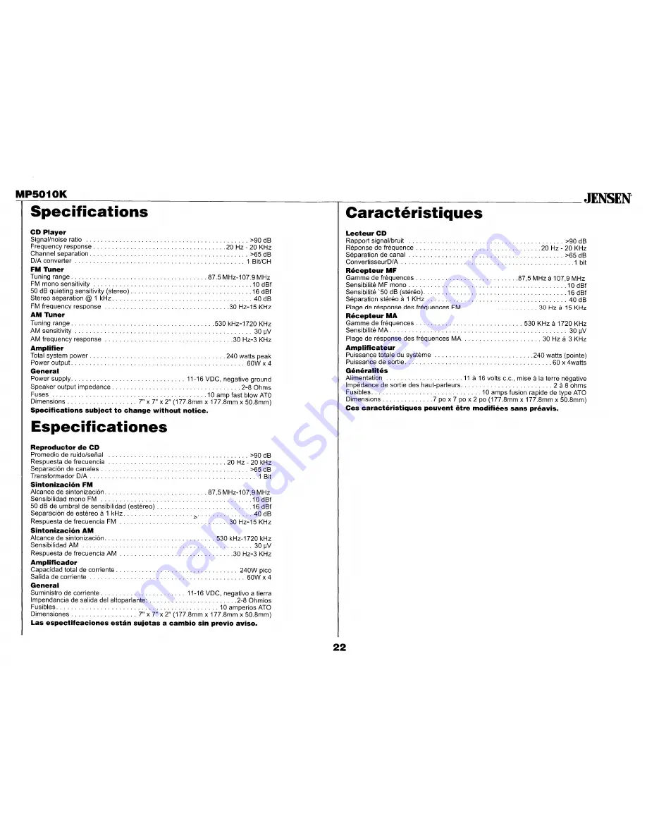 Jensen MP5010K Скачать руководство пользователя страница 22