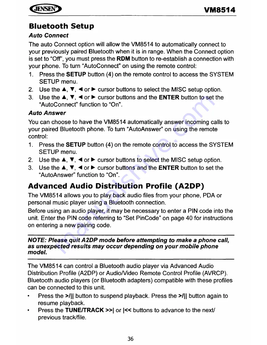 Jensen VM8514 Operating Instructions Manual Download Page 39