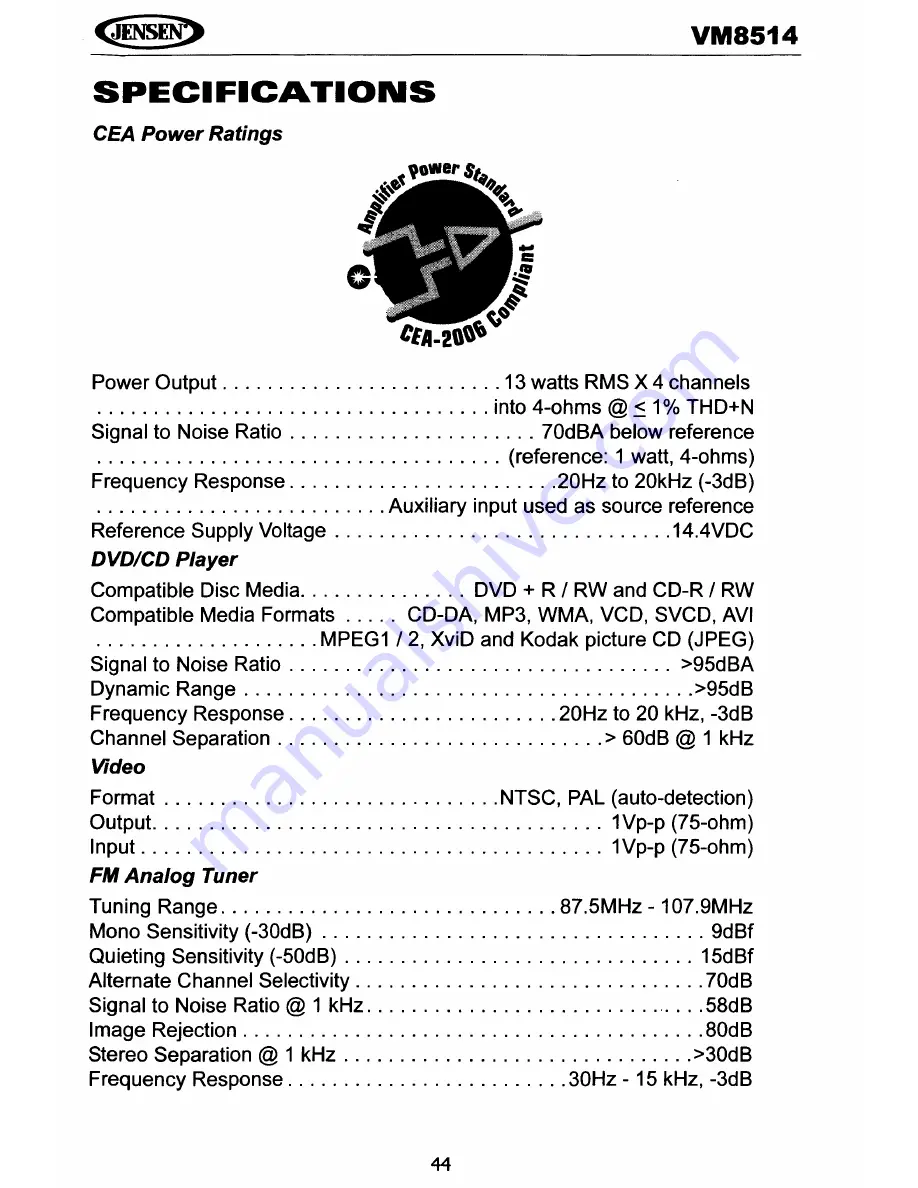 Jensen VM8514 Operating Instructions Manual Download Page 47