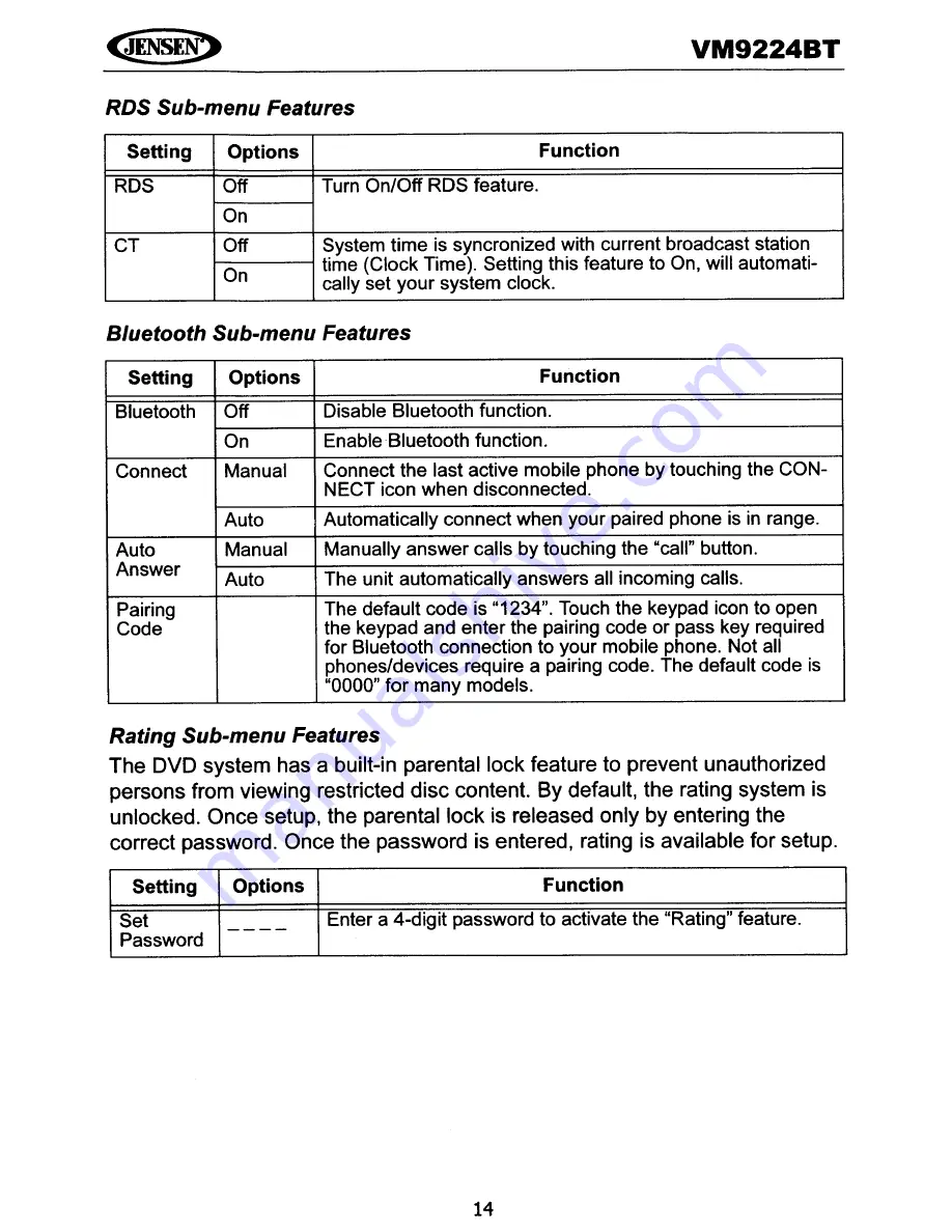 Jensen VM9224BT Operating Instructions Manual Download Page 17