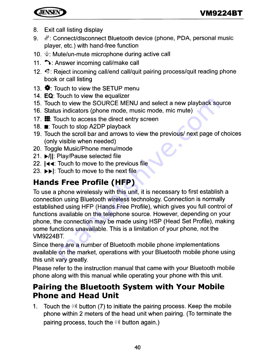 Jensen VM9224BT Operating Instructions Manual Download Page 43