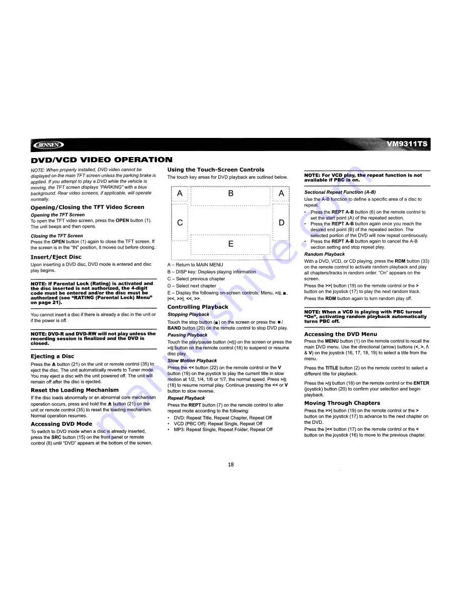 Jensen VM9311TS - DVD Player With LCD Monitor Instruction Manual Download Page 20