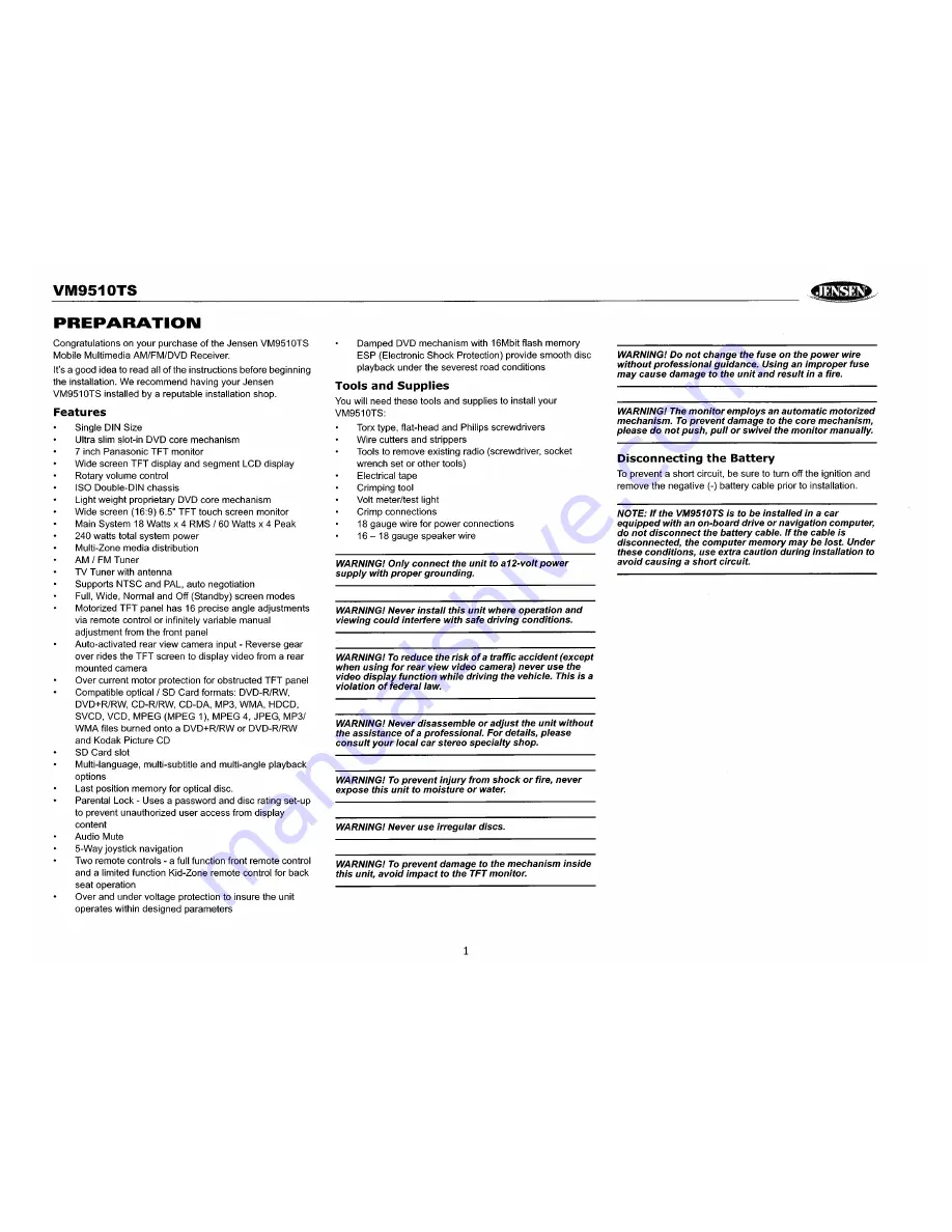 Jensen VM9510TS Operation Manual Download Page 3