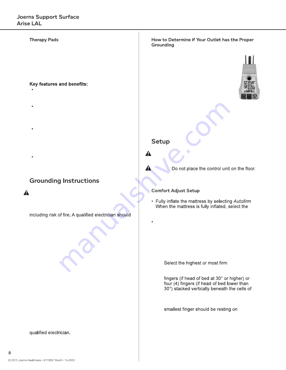 Joerns Arise LAL 1000 User & Service Manual Download Page 8