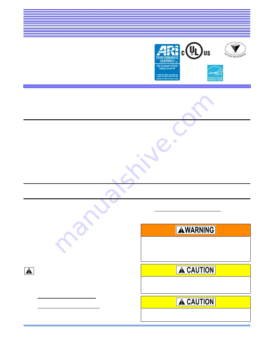 Johnson Controls 15 SEER - YZE / HC5B / HL5B SERIES Installation Manual Download Page 1