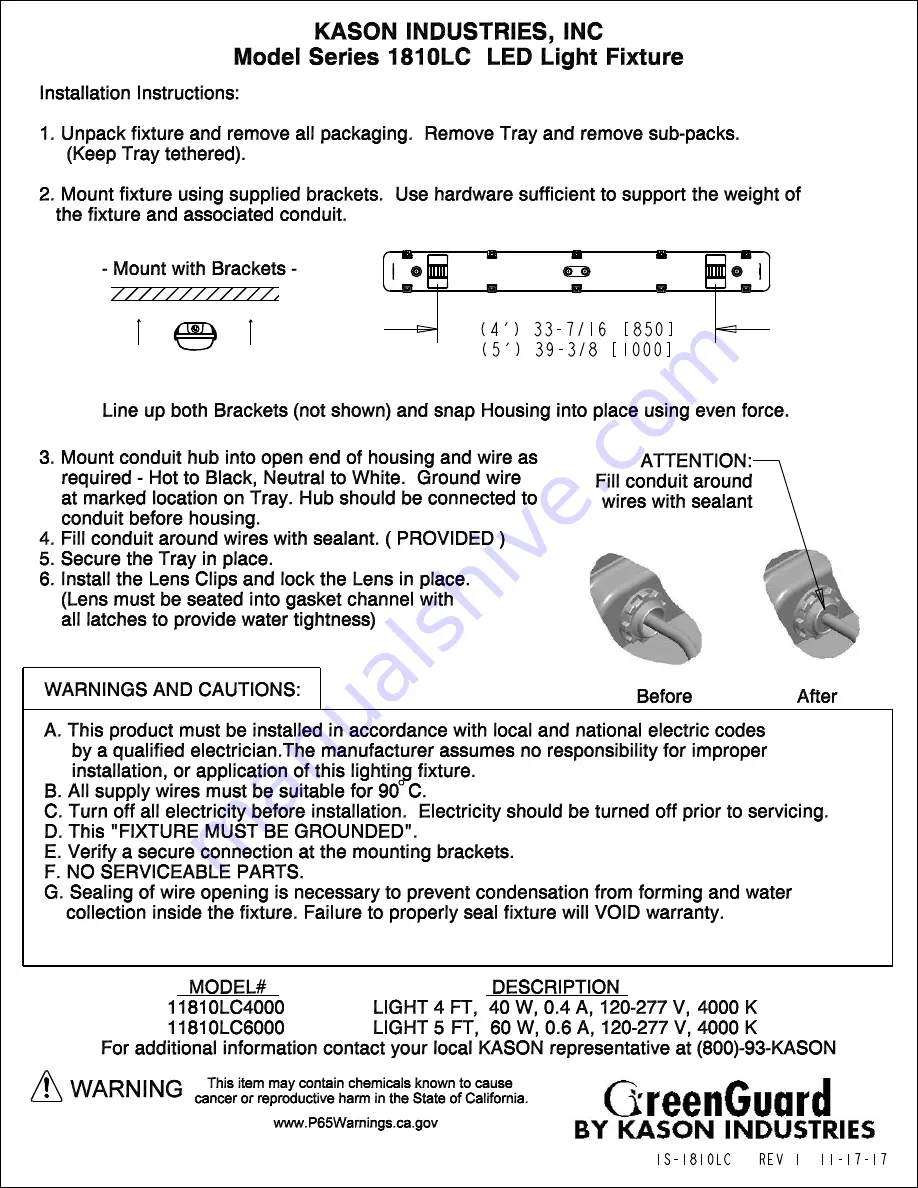 Kason GreenGuard 1810LC Series Instruction Sheet Download Page 1