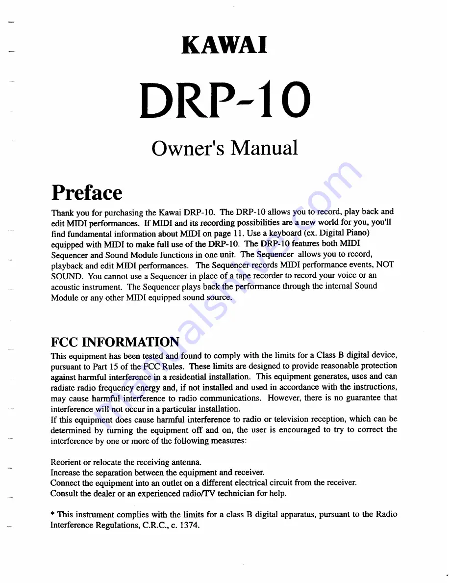 Kawai DRP-10 Owner'S Manual Download Page 1