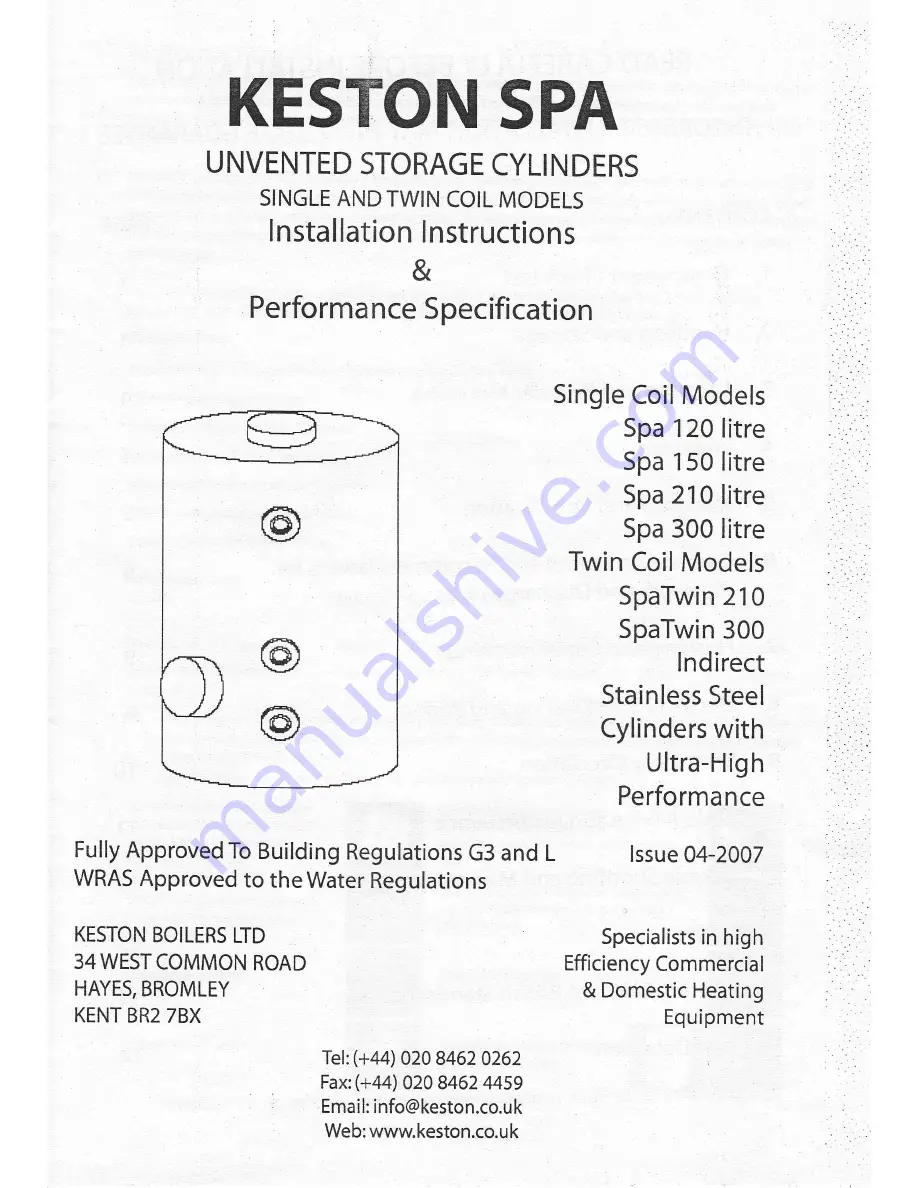 Keston Spa 120 litre Installation Instructions And Performance Specification Download Page 1