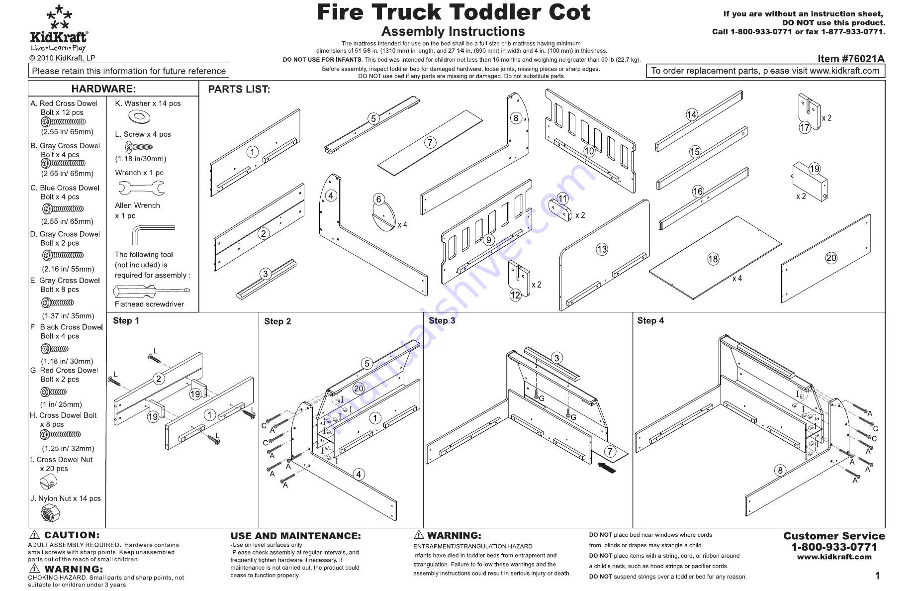 KidKraft Fire Truck Toddler Cot 76021A Assembly Instructions Download Page 2