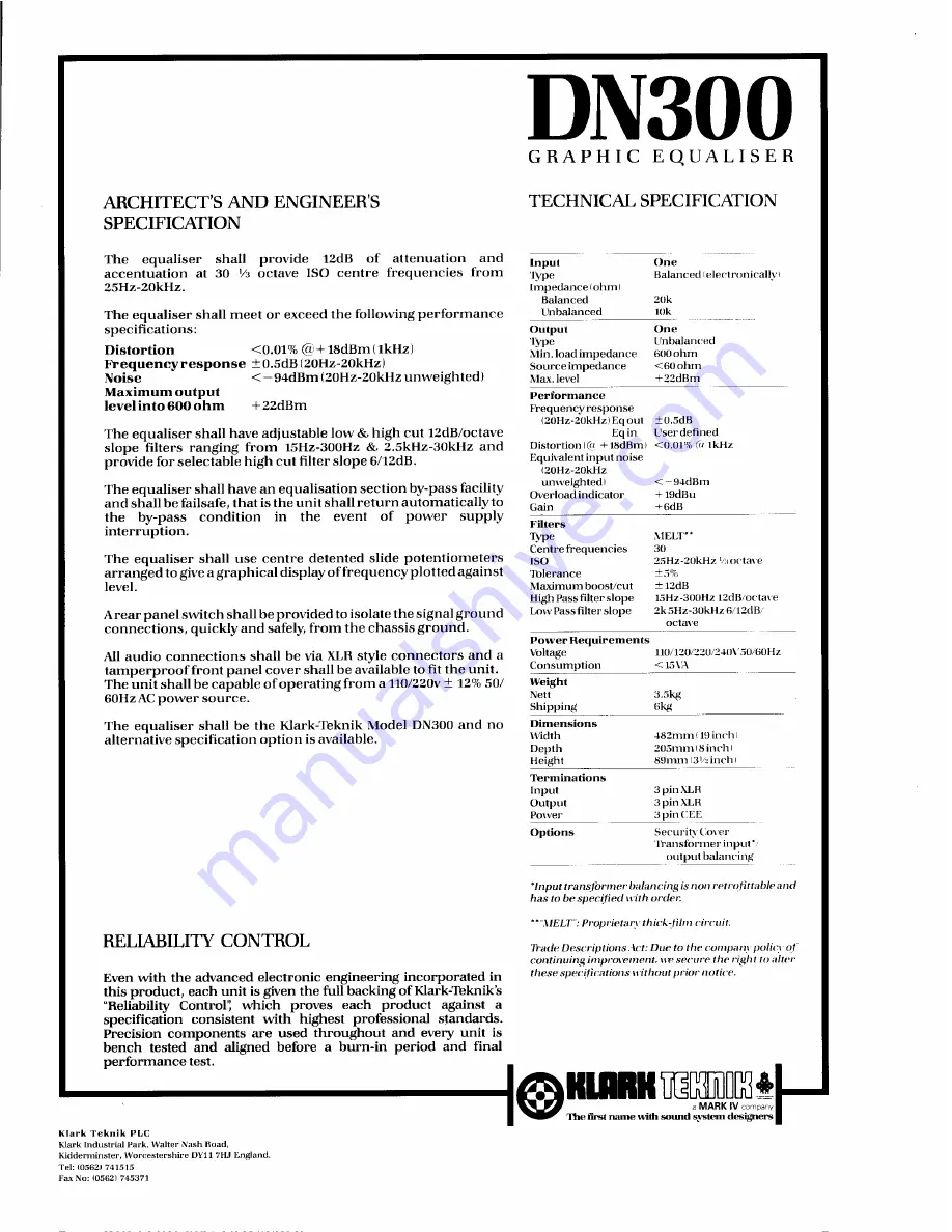 Klark Teknik DN300 Specifications Download Page 2