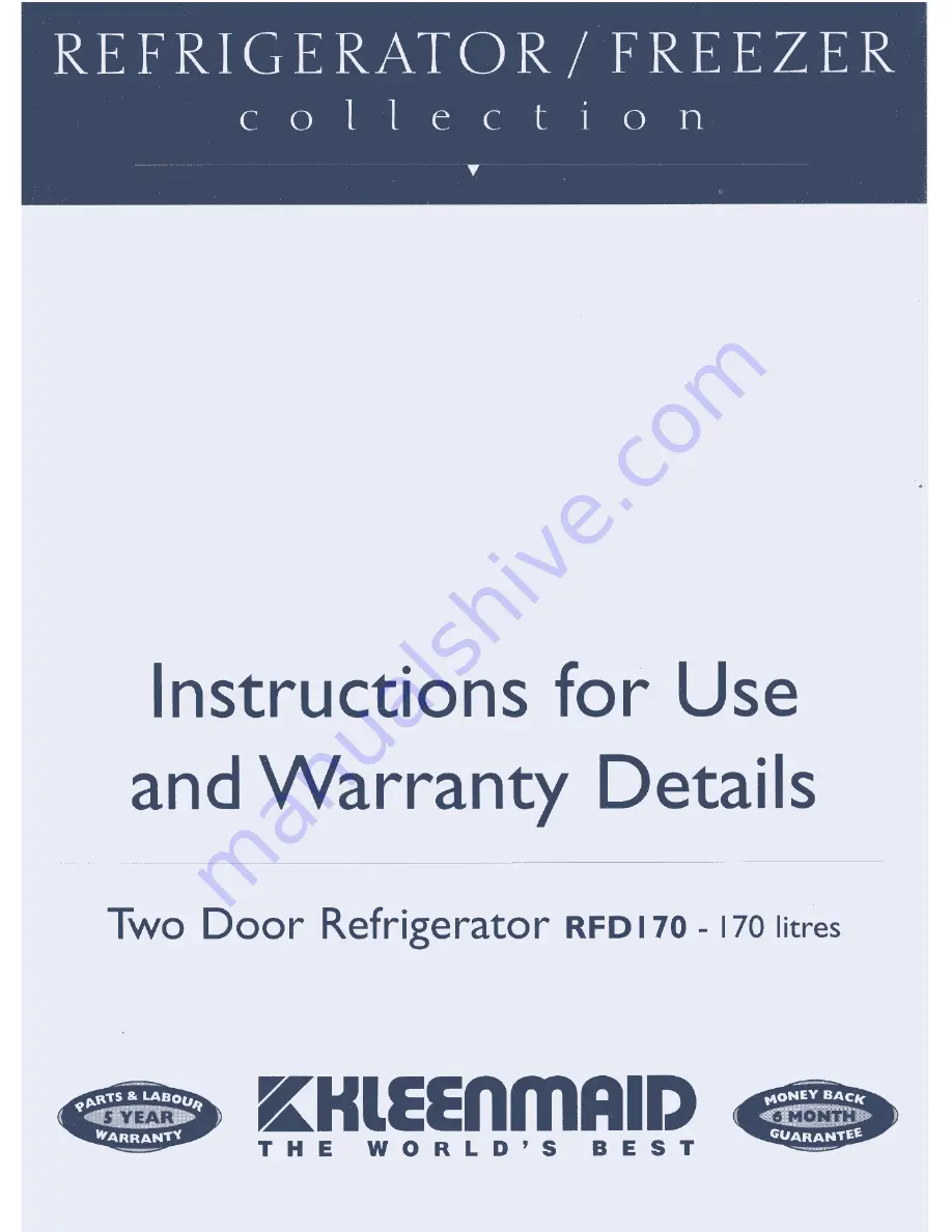 Kleenmaid RFD170 Instructions For Use & Warranty Download Page 1