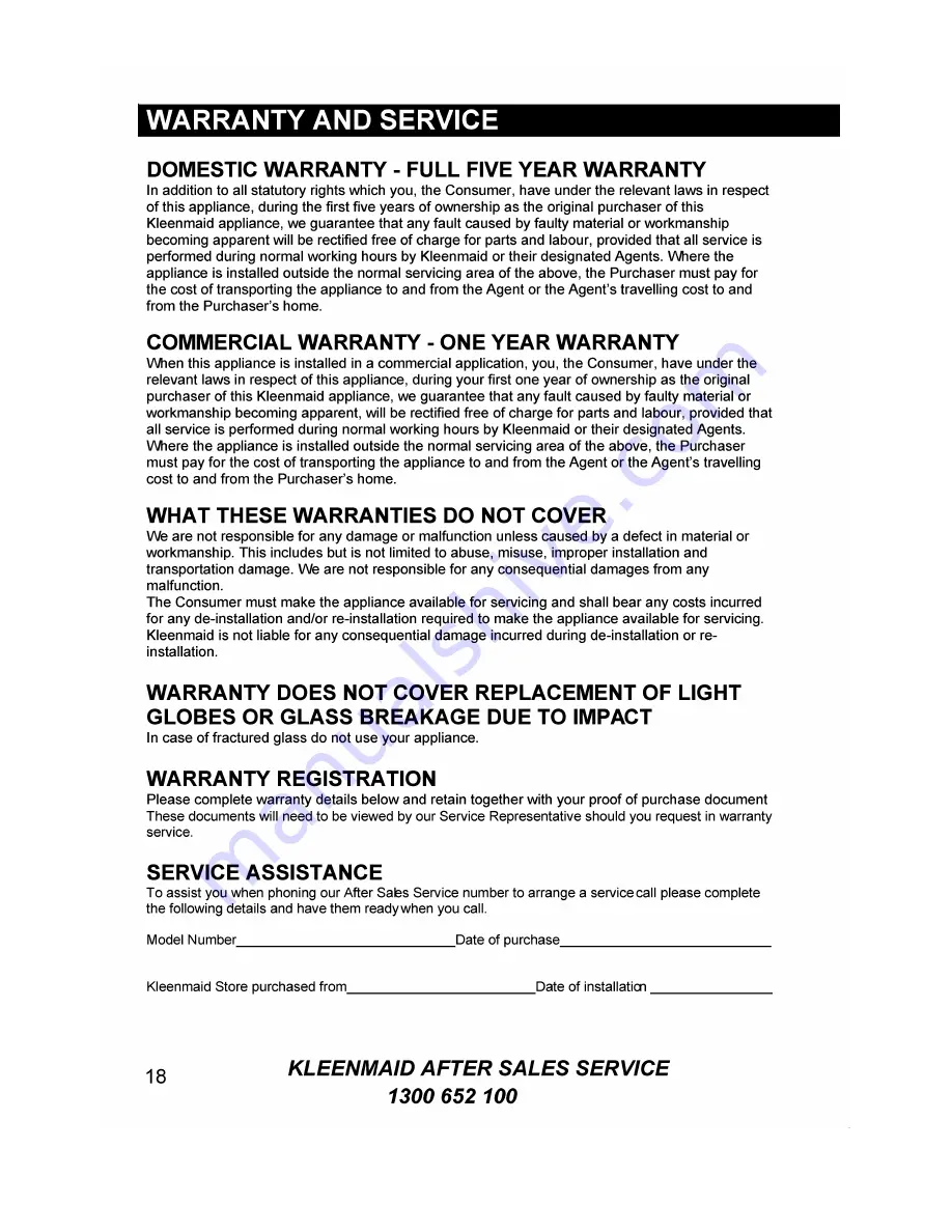 Kleenmaid SOE101A Instructions For Use And Warranty Details Download Page 18