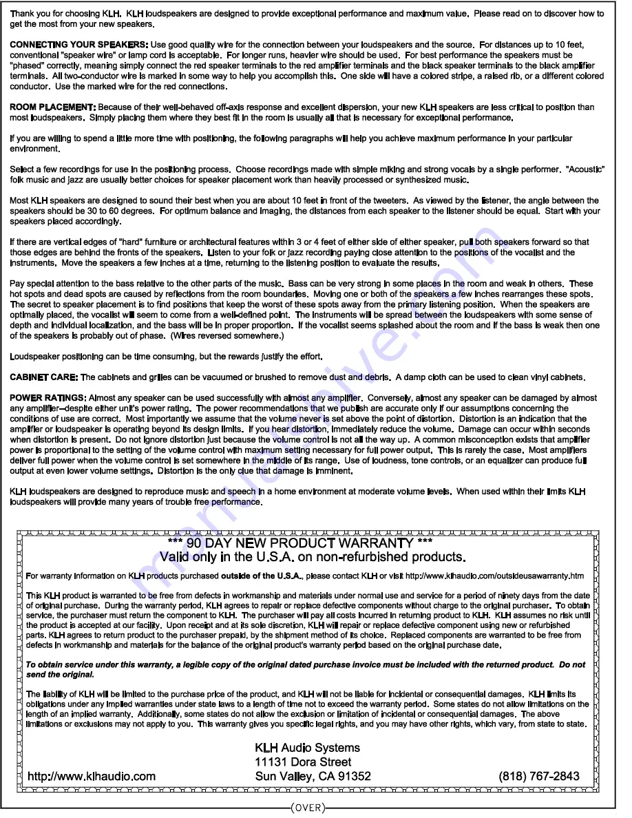 KLH Satellite 970A Specifications Download Page 2