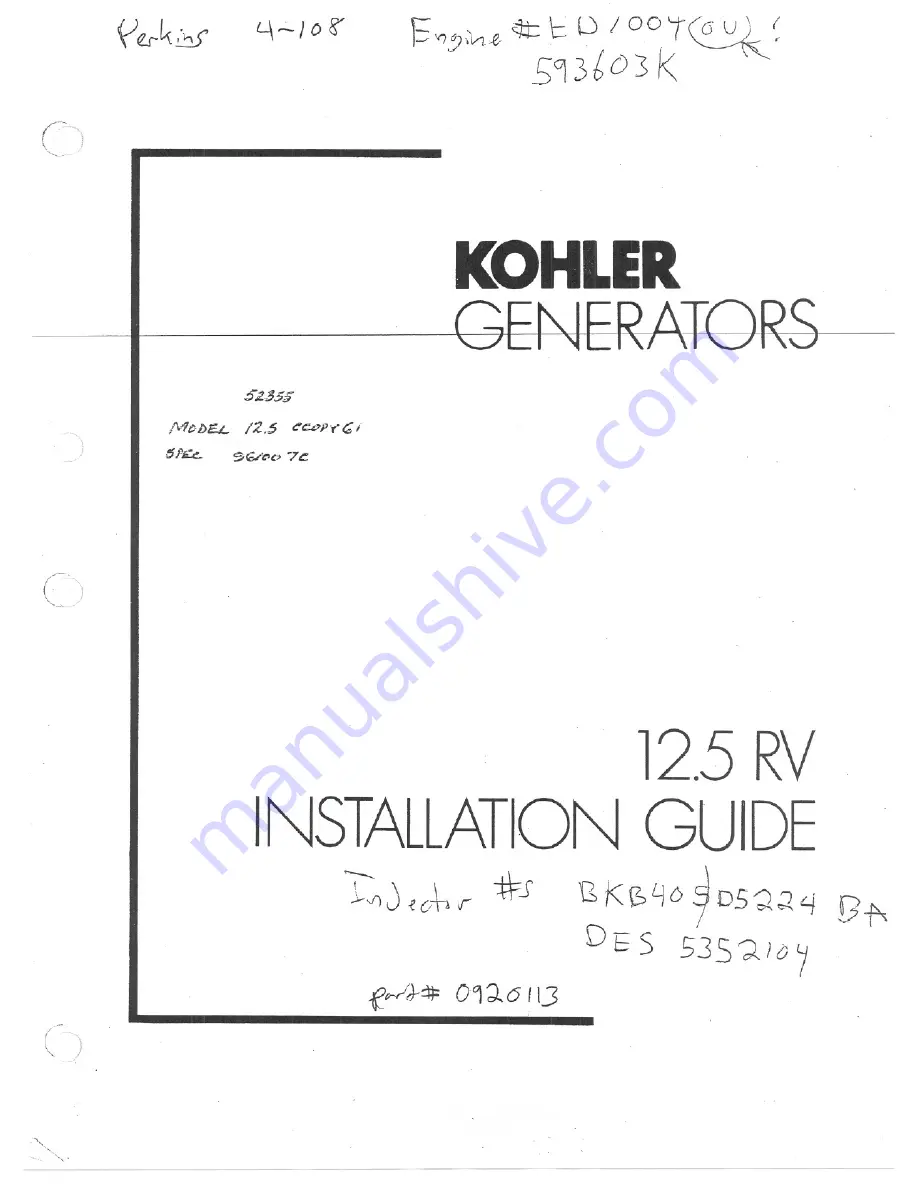 Kohler 12.5 RV Installation Manual Download Page 1