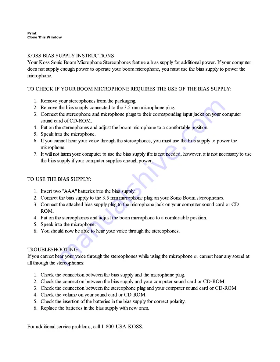 Koss Bias Supply Instructions Download Page 1