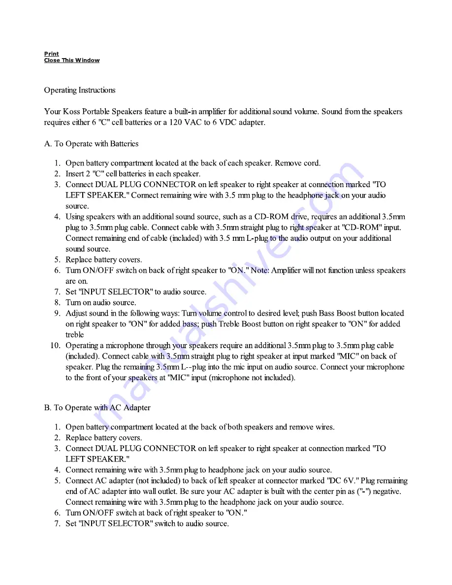 Koss SX100 Operating Instructions Download Page 1