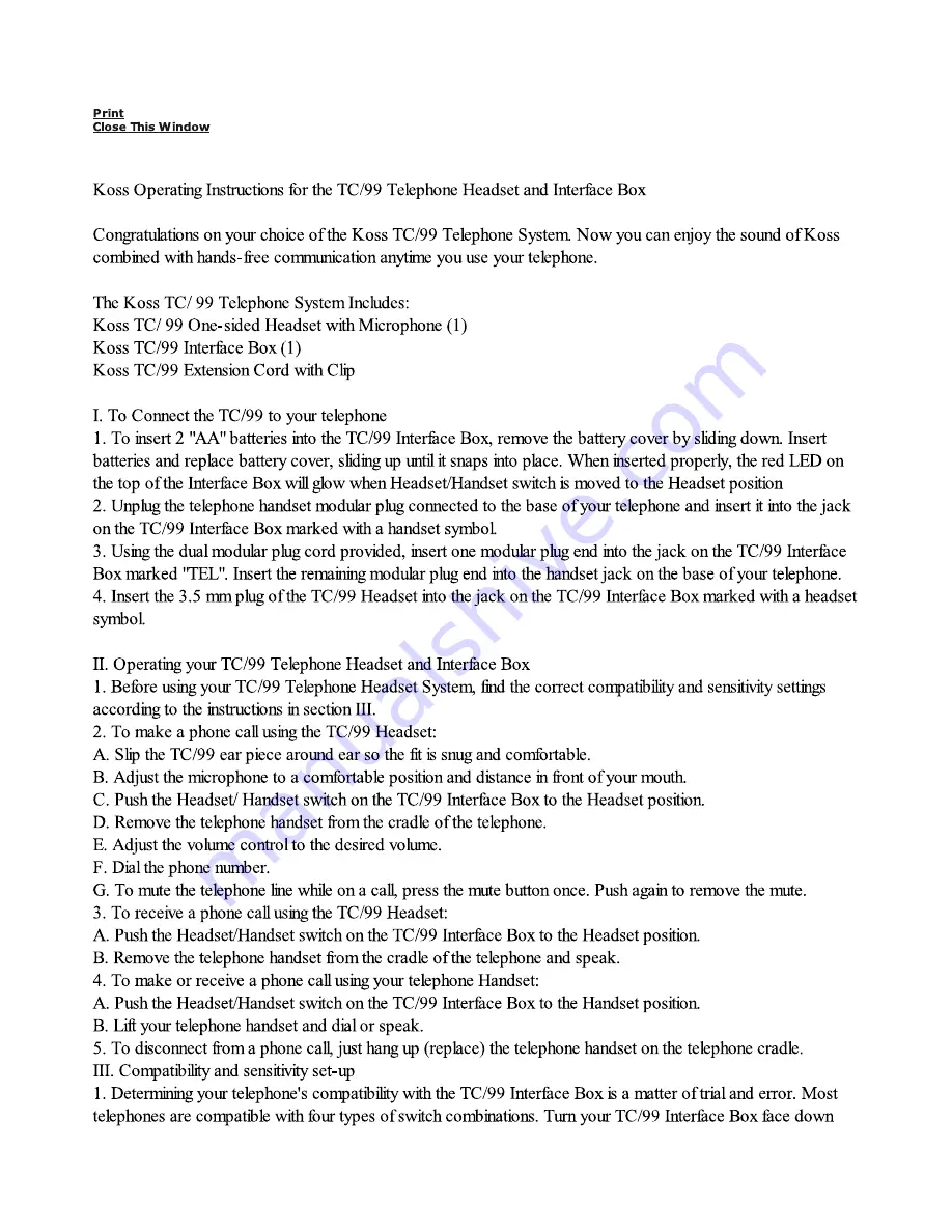 Koss TC/99 Operating Instructions Download Page 1